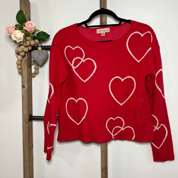 Philosophy Sweaters - Philosophy Red Pink Hearts Long Sleeve Crew Neck Sweater Size Large